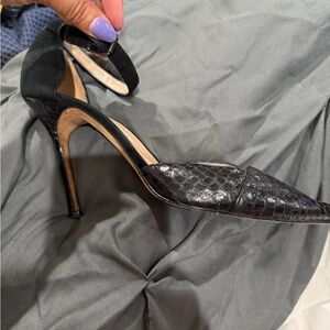 Manolo Blahnik Black Pointed Toe Snake-Embossed Ankle Strap Pump